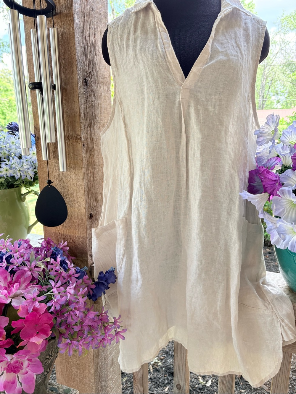Sigrid Olsen 100% Linen Pale Sand Sleeveless Pullover V Neck Shift Dress 1X